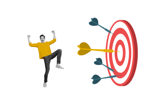 Abstract creative composite photo collage of lucky overjoyed crazy man raising fists win darts game isolated on painted background - Powered by Adobe