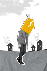 Vertical creative composite photo collage of sad depressed headless man house instead of head lost...