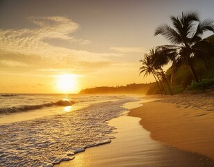 Golden sunset over a pristine beach, waves gently kissing the shore, palm trees swaying