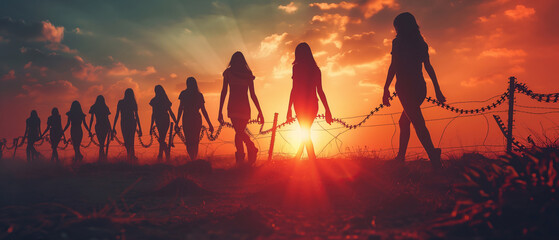 Is this the world we want? Humanity against trafficking. A group of women walk in silhouette towards a setting sun, chained together and walking past barbed wire.