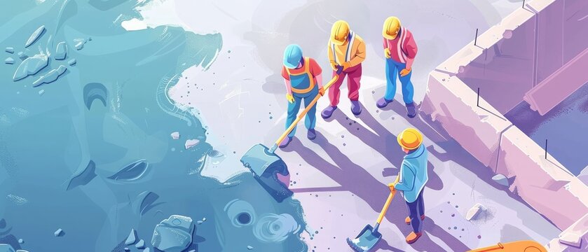 Illustration of construction workers using tools at a site with helmets and safety gear, viewed from above.