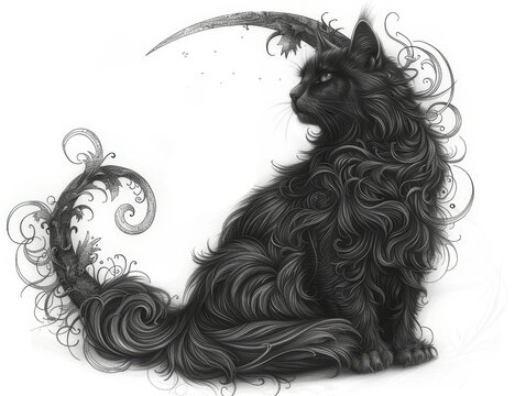 A mystical black ink cat and moon tattoo shines against a plain white backdrop, exuding enchanting allure