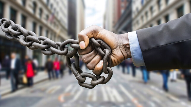 Break the chains of human trafficking. A hand clenches a heavy chain in a city street, symbolizing the fight against human trafficking.