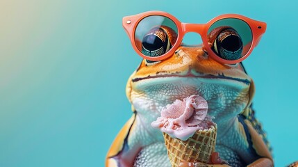 Funny animal pet summer holiday vacation photography banner - Closeup of frog with sunglasses, eating ice cream in cone