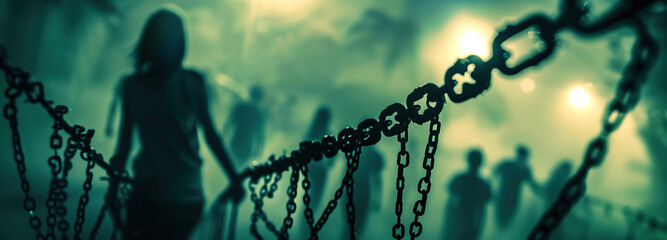Break the chains of human trafficking. A silhouette of a woman stands amidst a blurred background of people, with chains in the foreground symbolizing the bonds of human trafficking.