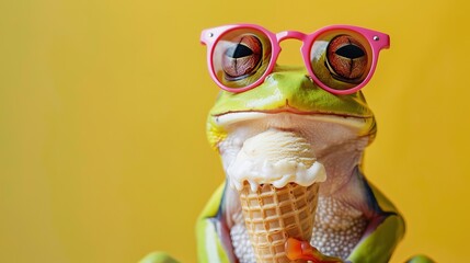 Funny animal pet summer holiday vacation photography banner - Closeup of frog with sunglasses, eating ice cream in cone