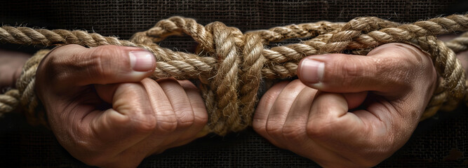Human trafficking concept. Is this the world we want? Close-up image of hands bound together with thick rope, highlighting the physical and emotional confinement of human trafficking.