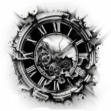 A clock tattoo with intricate Roman numerals, precise mechanics, black ink, set against a plain white backdrop