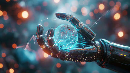 robot hand holding blue glowing crystal ball