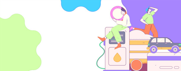 Vector Internet operation hand-drawn illustration of people getting discounts for refueling their cars
