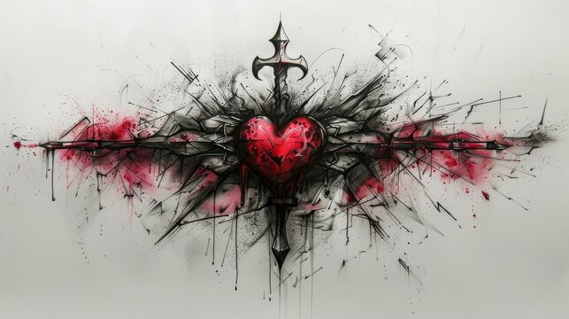 Dagger tattoo, in black and red ink, pierces a heart on a plain white background, evoking intense emotions