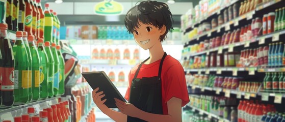 Young grocery store employee working at a supermarket, managing inventory with a tablet among beverage shelves.