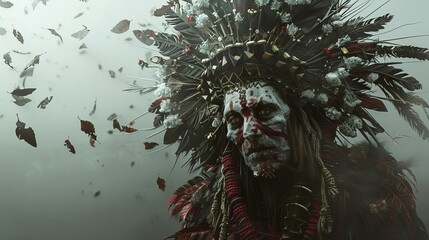High-angle view of a sinister witch doctor adorned with an intricate head dress, surrounded by dense fog, 3D render, chilling and otherworldly feel