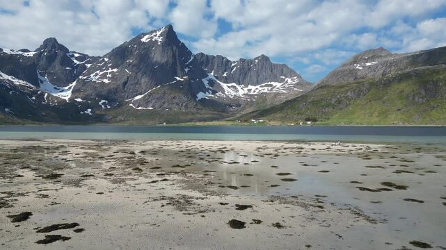 Fantastic shot of the beautiful Morpheus beach with large snowy mountains in the background. On the Lofoten Islands, Norway.