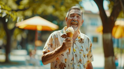 A man in a short-sleeve shirt and khaki shorts enjoying an ice cream cone.