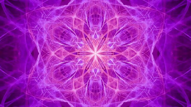 Purple mandala flower blooming, pulsing energy bursts of  fractal flame petals, seamless looping.