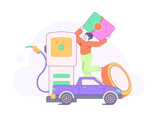 Vector Internet operation hand-drawn illustration of people getting discounts for refueling their cars
