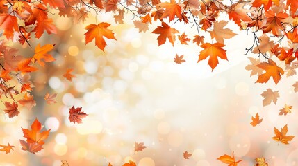Vibrant autumn leaves falling against a blurred background of warm colors.