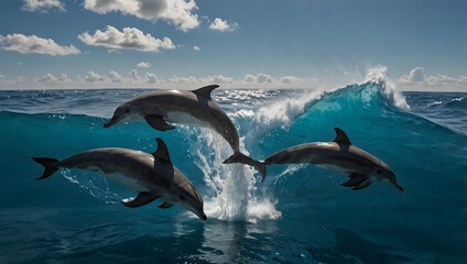 Fototapeta premium The graceful majesty of a pod of dolphins dancing in the azure waves ai_generated