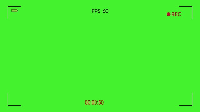 Camera recording screen on green background. video camera frame viewfinder, screen of video recorder digital display with multiple settings and timer. 4K camcorder interface for video cameras.