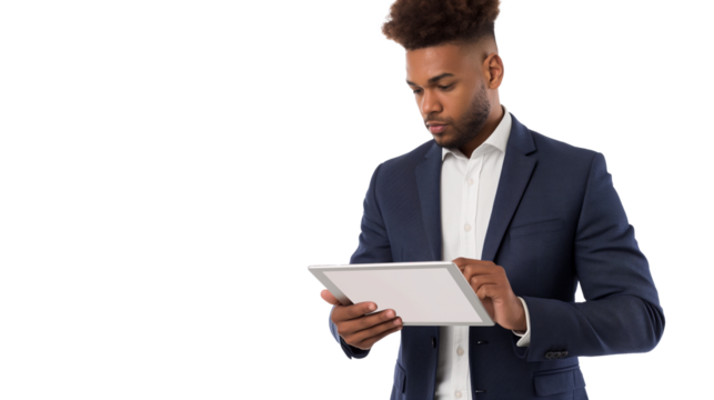 portrait of a businessman using a digital tablet isolated on transparent background 