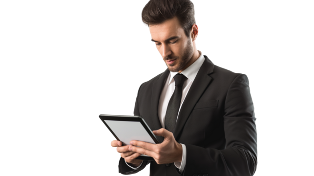 portrait of a businessman using a digital tablet isolated on transparent background 