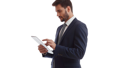 portrait of a businessman using a digital tablet isolated on transparent background 