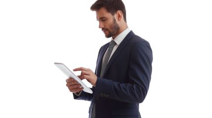 portrait of a businessman using a digital tablet isolated on transparent background 