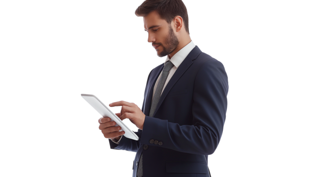 portrait of a businessman using a digital tablet isolated on transparent background 