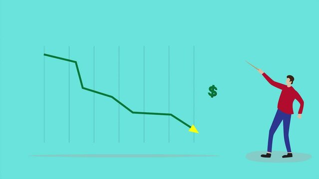 Businessman with declining dollar graph. Dollar decline. Company losses. Low income. Best for business and financial presentation materials.