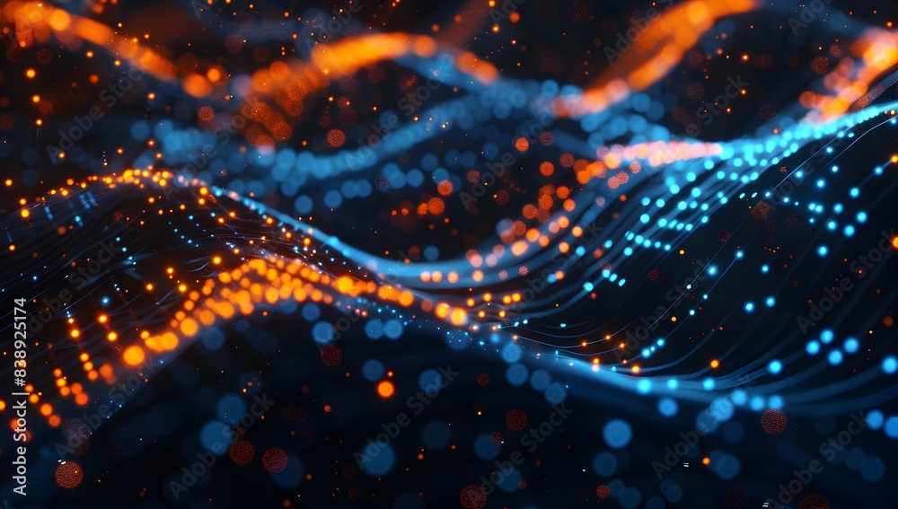 Poster abstract digital background with glowing blue and orange dots connected in the style of lines formin