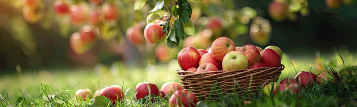 Red Apples in Basket, Rich Apples Harvest Banner, Ripe Fruits in Garden on Grass under Apple Tree