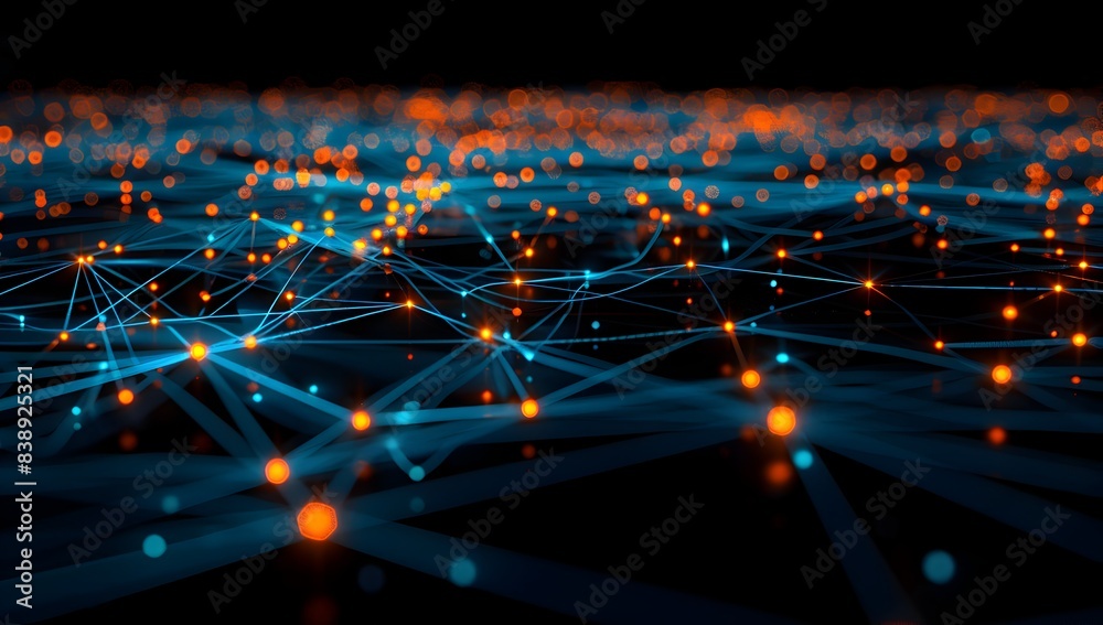 Poster abstract digital background with glowing blue and orange dots connected in the style of lines formin