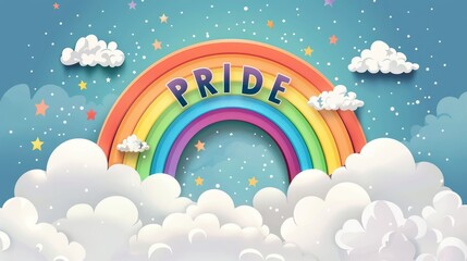 Bright rainbow Pride illustration with fluffy clouds and vibrant colors, symbolizing LGBTQ+ celebration, inclusivity, and joy in a cheerful, artistic design.