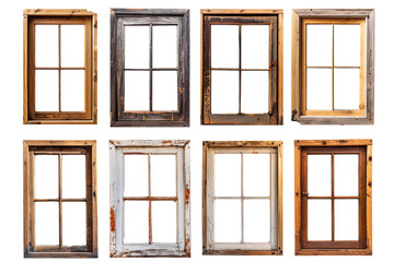 A collection of industrial-style vintage wooden window frames on a clean white background
