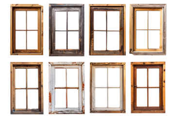 A collection of industrial-style vintage wooden window frames on a clean white background