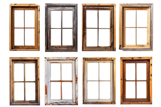 A collection of industrial-style vintage wooden window frames on a clean white background