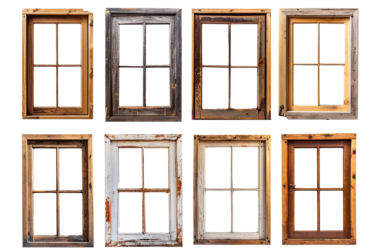 A collection of industrial-style vintage wooden window frames on a clean white background