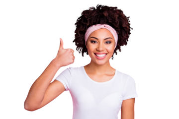 Close up photo beautiful amazing she her dark skin lady raised thumb arm hand up advising buy buyer new tested product wear head scarf casual white t-shirt isolated pink bright vibrant background