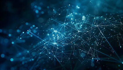 Fototapeta premium Abstract background with glowing blue lines and dots forming a network of connections on a dark backdrop, symbolizing global connectivity in the digital world 