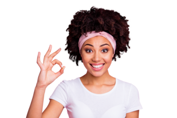 Close up photo beautiful amazing she her dark skin lady hold hand arm okey symbol toothy approve advising novelty news wear head scarf casual white t-shirt isolated pink bright vibrant background