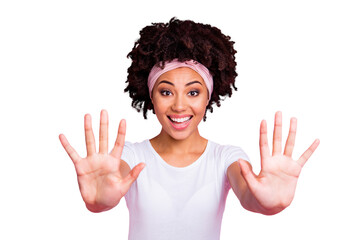 Close up photo beautiful amazing she her dark skin lady hold hands arms excited funky mood ten...
