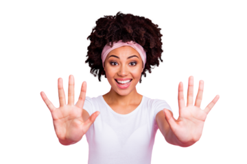 Close up photo beautiful amazing she her dark skin lady hold hands arms excited funky mood ten fingers show price without words wear head scarf casual white t-shirt isolated pink bright background