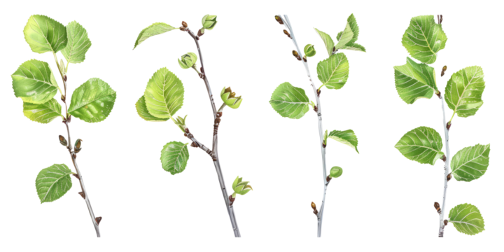 Aspen tree twigs with leaves and buds on a white background.