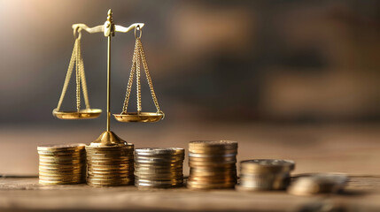 A classic scale of justice balanced with stacks of coins on either side, representing financial fairness.