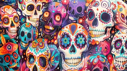Low-angle view of vibrant Day of the Dead celebration, intricate skulls pattern, colorful Dia de los Muertos designs, festive Mexican Halloween texture