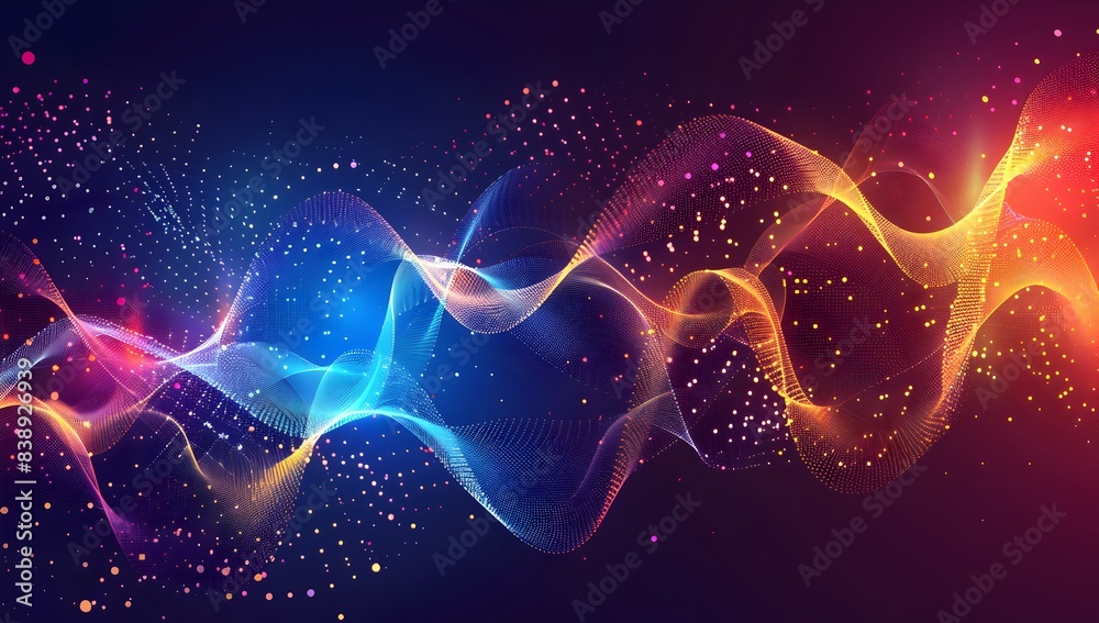 Poster abstract data visualization background with glowing waves and dots, low poly design