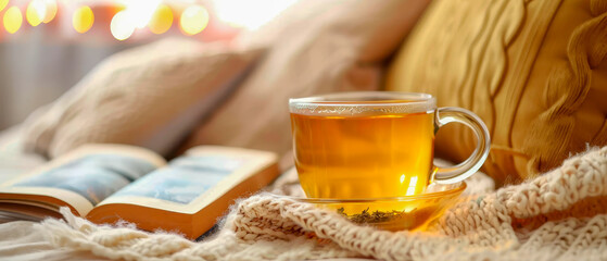 Front view cup of tea sitting on blanket next to a book