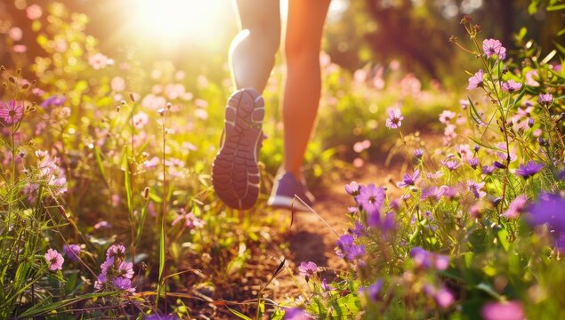 a woman's legs running on a path in a meadow with purple flowers