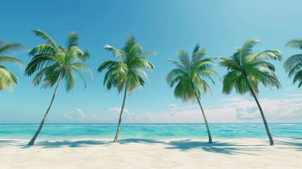 A pristine beach with tall palm trees swaying in the breeze against a clear blue sky.